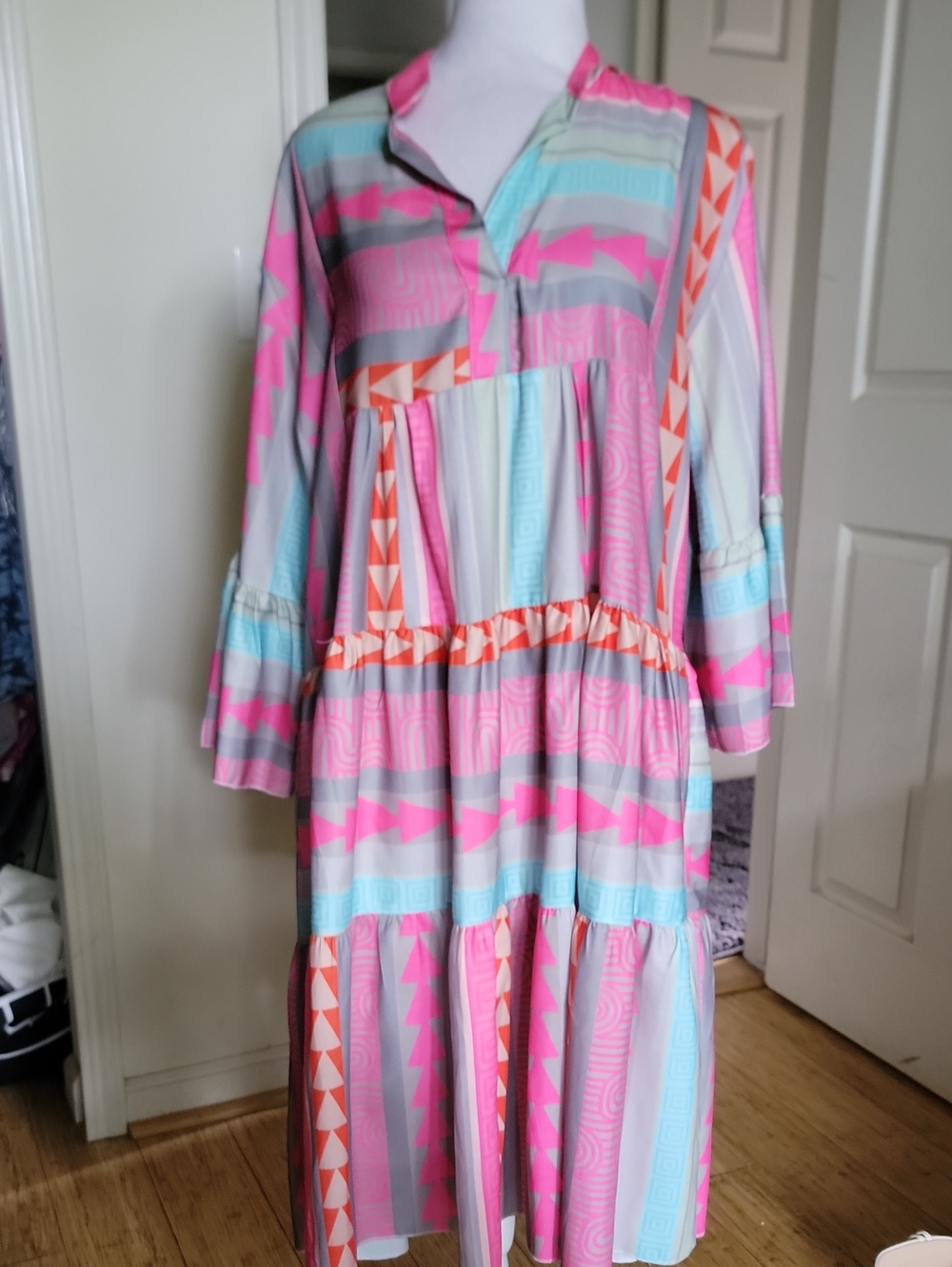 Pink & Aqua Patterned Tiered Dress